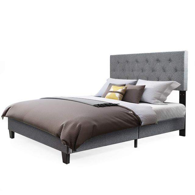 Shalini Upholstered Panel Platform Bed, Diamond Stitched Linen Panel Headboard