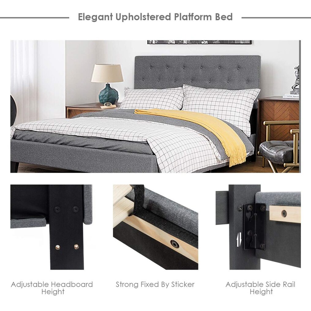 Shalini Upholstered Panel Platform Bed, Diamond Stitched Linen Panel Headboard