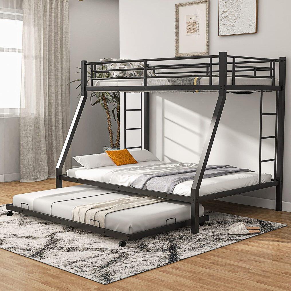 Heavy-Duty Metal Triple Bunk Beds w/Two Side Ladders & Safety Guard Rail