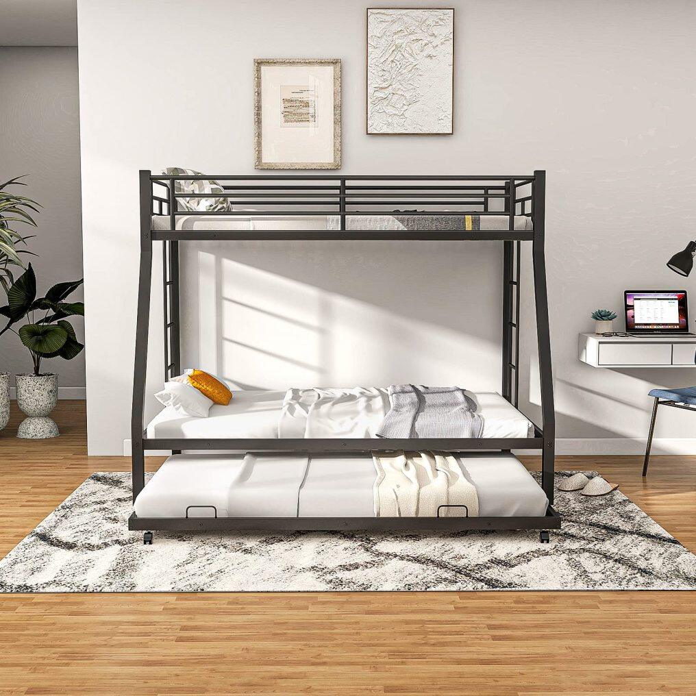 Heavy-Duty Metal Triple Bunk Beds w/Two Side Ladders & Safety Guard Rail