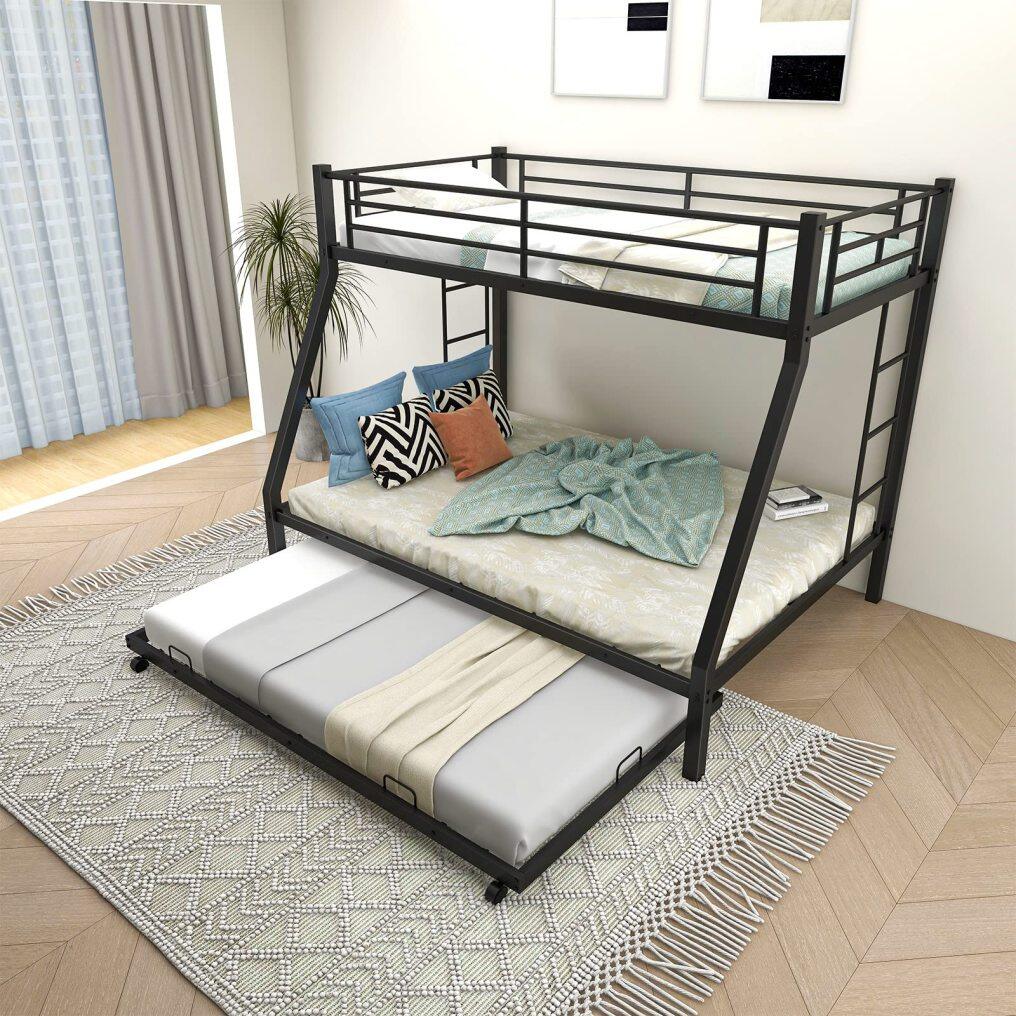 Heavy-Duty Metal Triple Bunk Beds w/Two Side Ladders & Safety Guard Rail