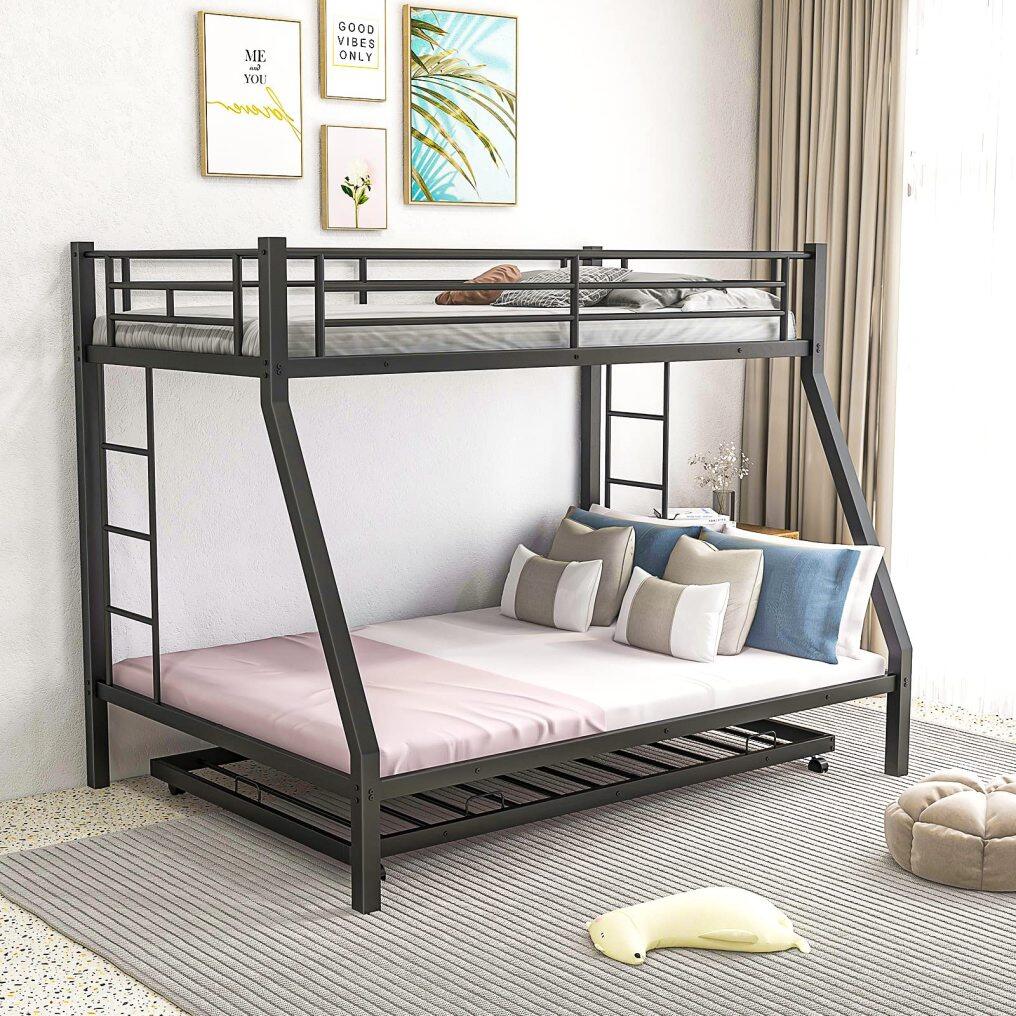 Heavy-Duty Metal Triple Bunk Beds w/Two Side Ladders & Safety Guard Rail