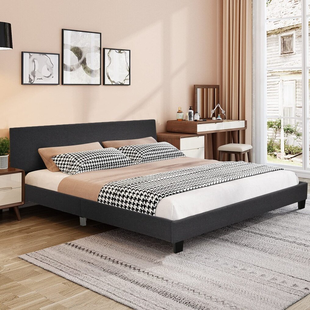 Bed Frame, Headboard, Heavy Duty Wooden Slat Support & Mattress Foundation