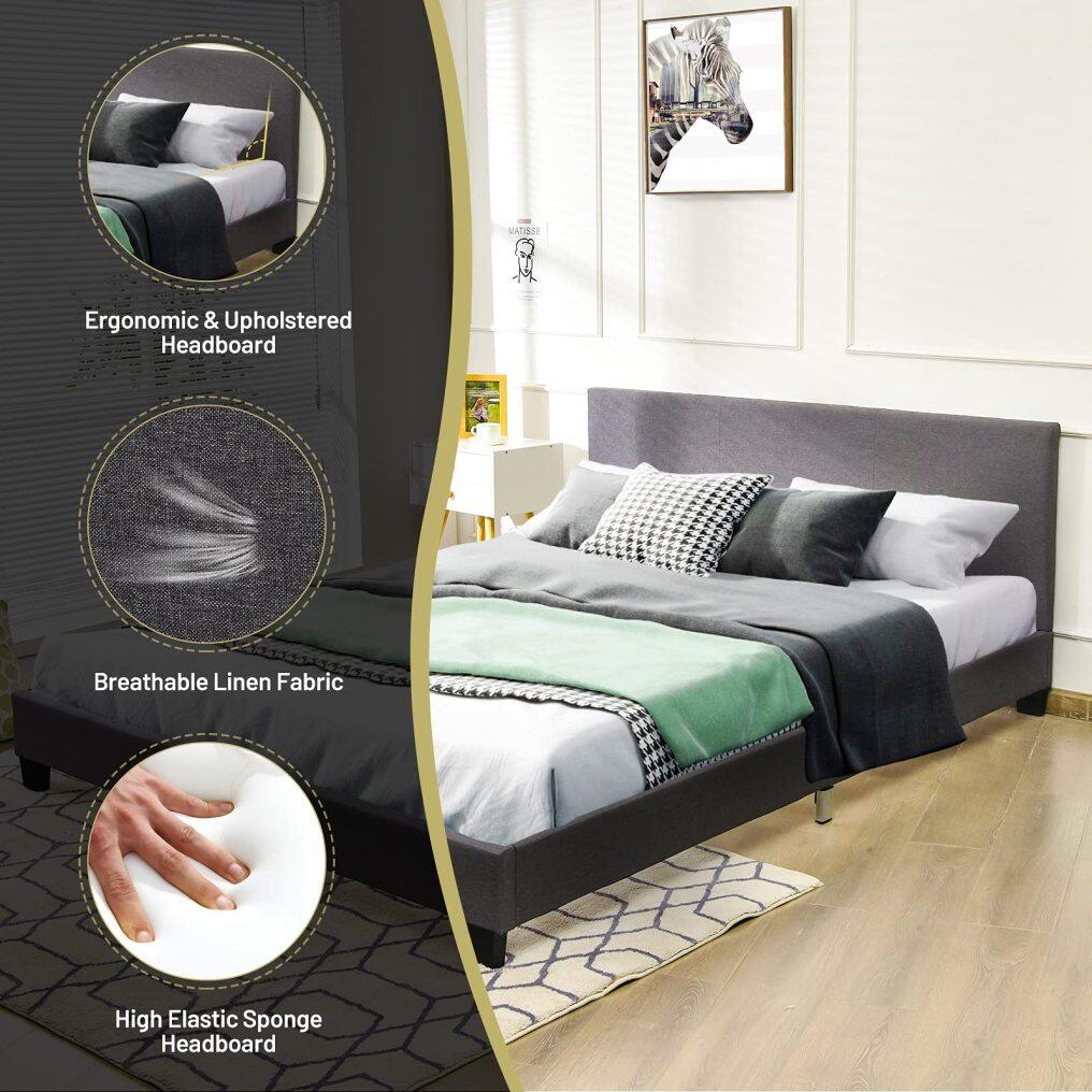 Bed Frame, Headboard, Heavy Duty Wooden Slat Support & Mattress Foundation