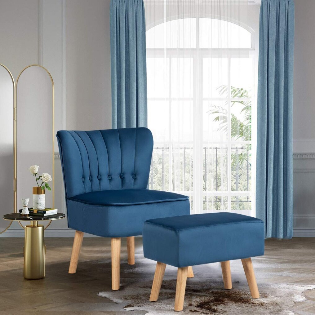 Modern Accent Chair Ottoman Set | Armless Slipper Sofa Chair with Foot stool