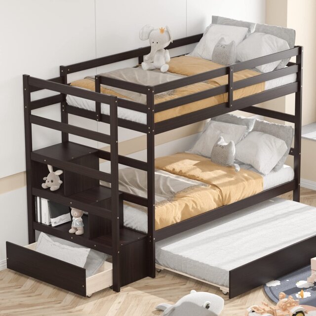 KOMFOTT Twin Over Twin Bunk Bed with Trundle & Staircase, Wooden Bunk Bed Frame with Storage Shelves & Drawer