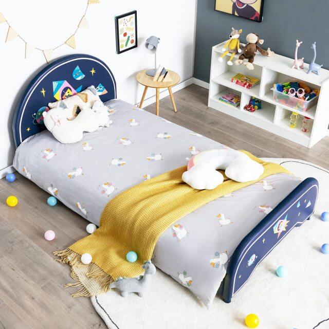 KOMFOTT Twin Bed Frames for Kids, Wood Upholstered Twin Bed Platform with Slat Support, Padded Headboard&Footboard