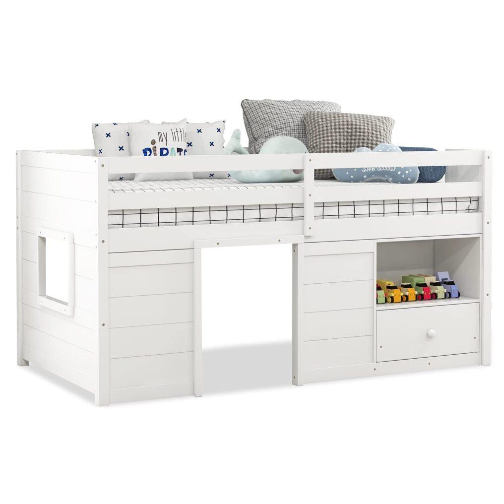 KOMFOTT Twin Low Loft Bed with Underneath House & Storage Drawers, Solid Wood Twin Loft Bed with Integrated Ladder & Guardrails