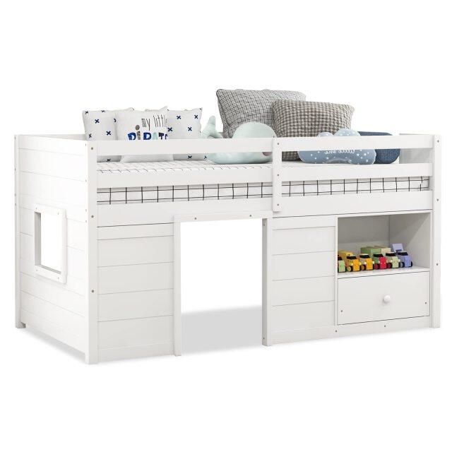 KOMFOTT Twin Low Loft Bed with Underneath House & Storage Drawers, Solid Wood Twin Loft Bed with Integrated Ladder & Guardrails