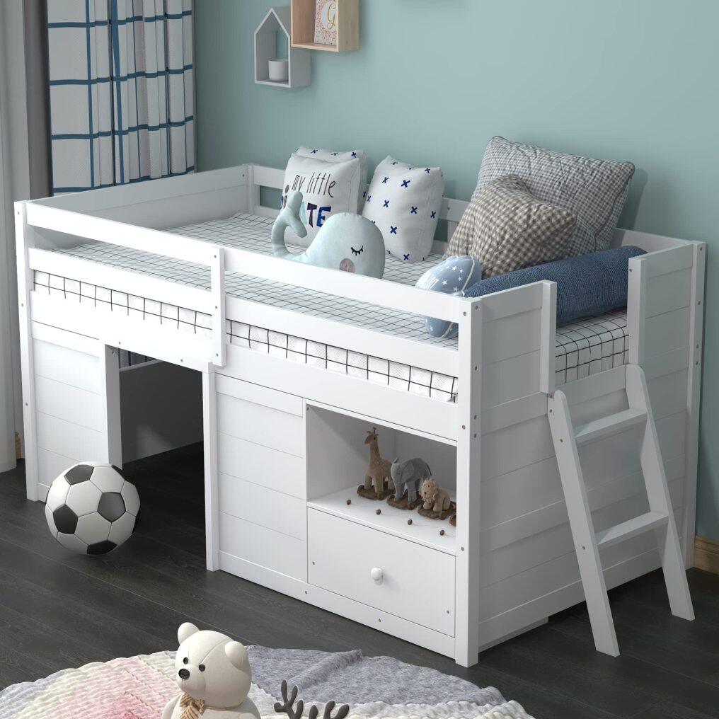 KOMFOTT Twin Low Loft Bed with Underneath House & Storage Drawers, Solid Wood Twin Loft Bed with Integrated Ladder & Guardrails