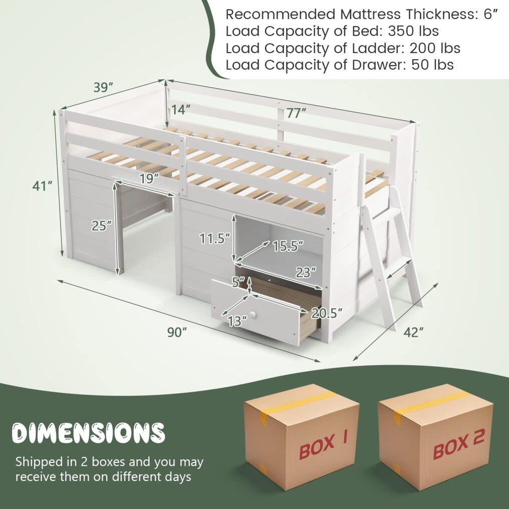 KOMFOTT Twin Low Loft Bed with Underneath House & Storage Drawers, Solid Wood Twin Loft Bed with Integrated Ladder & Guardrails
