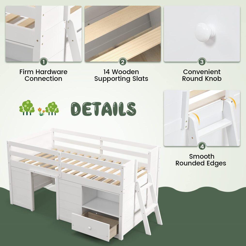 KOMFOTT Twin Low Loft Bed with Underneath House & Storage Drawers, Solid Wood Twin Loft Bed with Integrated Ladder & Guardrails