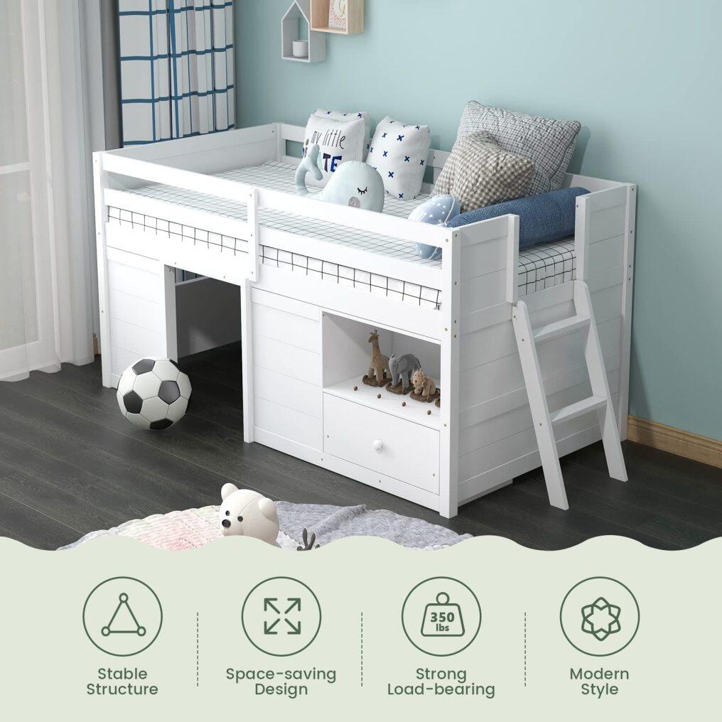 KOMFOTT Twin Low Loft Bed with Underneath House & Storage Drawers, Solid Wood Twin Loft Bed with Integrated Ladder & Guardrails