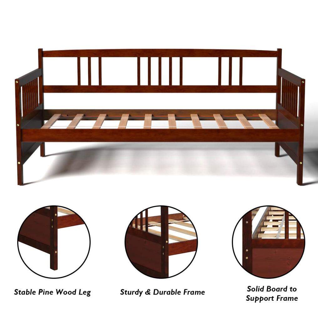 KOMFOTT Futon Daybed Wooden Bed Frame Twin Size Sturdy Wood Bed Slats Safety Armrest