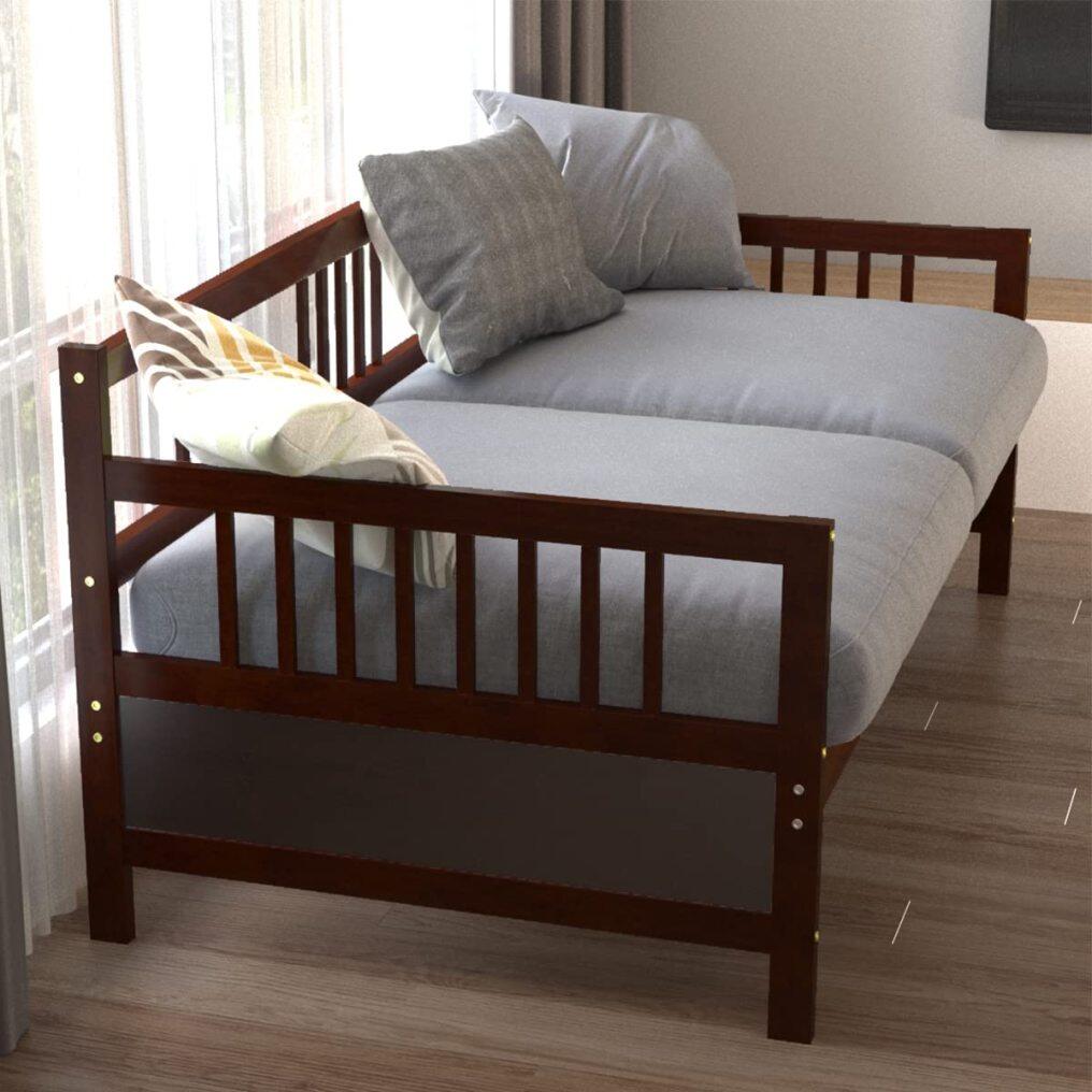 KOMFOTT Futon Daybed Wooden Bed Frame Twin Size Sturdy Wood Bed Slats Safety Armrest