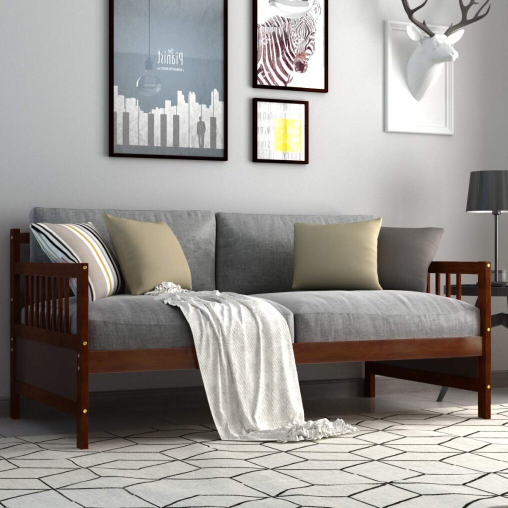 KOMFOTT Futon Daybed Wooden Bed Frame Twin Size Sturdy Wood Bed Slats Safety Armrest