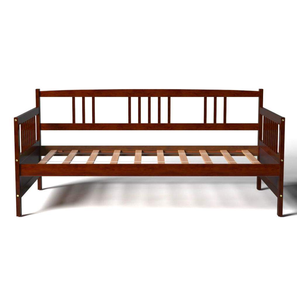 KOMFOTT Futon Daybed Wooden Bed Frame Twin Size Sturdy Wood Bed Slats Safety Armrest