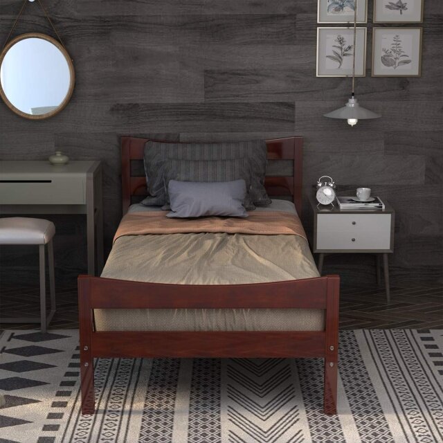 Wood Bed Frame Twin Size, Rustic Style Platform Bed w/Headboard & Footboard, Solid Wood Slat Support
