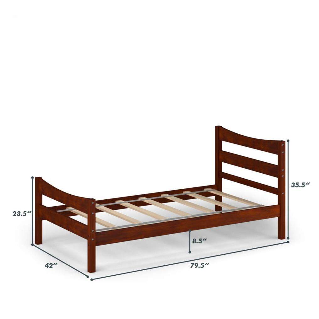 Wood Bed Frame Twin Size, Rustic Style Platform Bed w/Headboard & Footboard, Solid Wood Slat Support