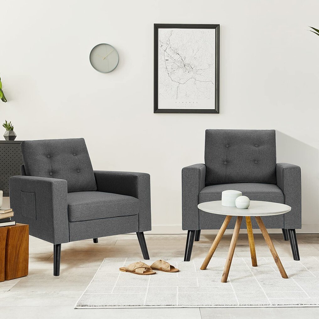 Linen Fabric Armchairs with Side Pockets and Wood Legs | Modern Accent Chair