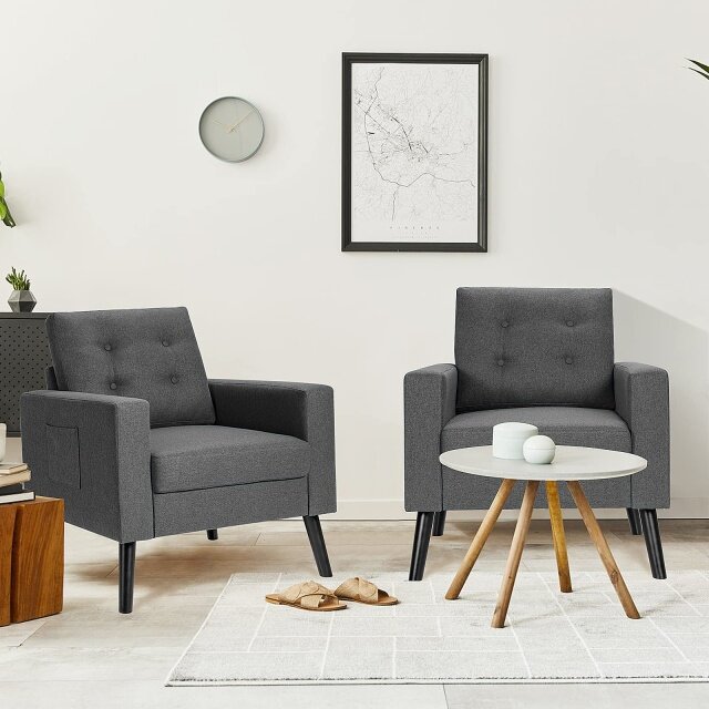 Linen Fabric Armchairs with Side Pockets and Wood Legs | Modern Accent Chair