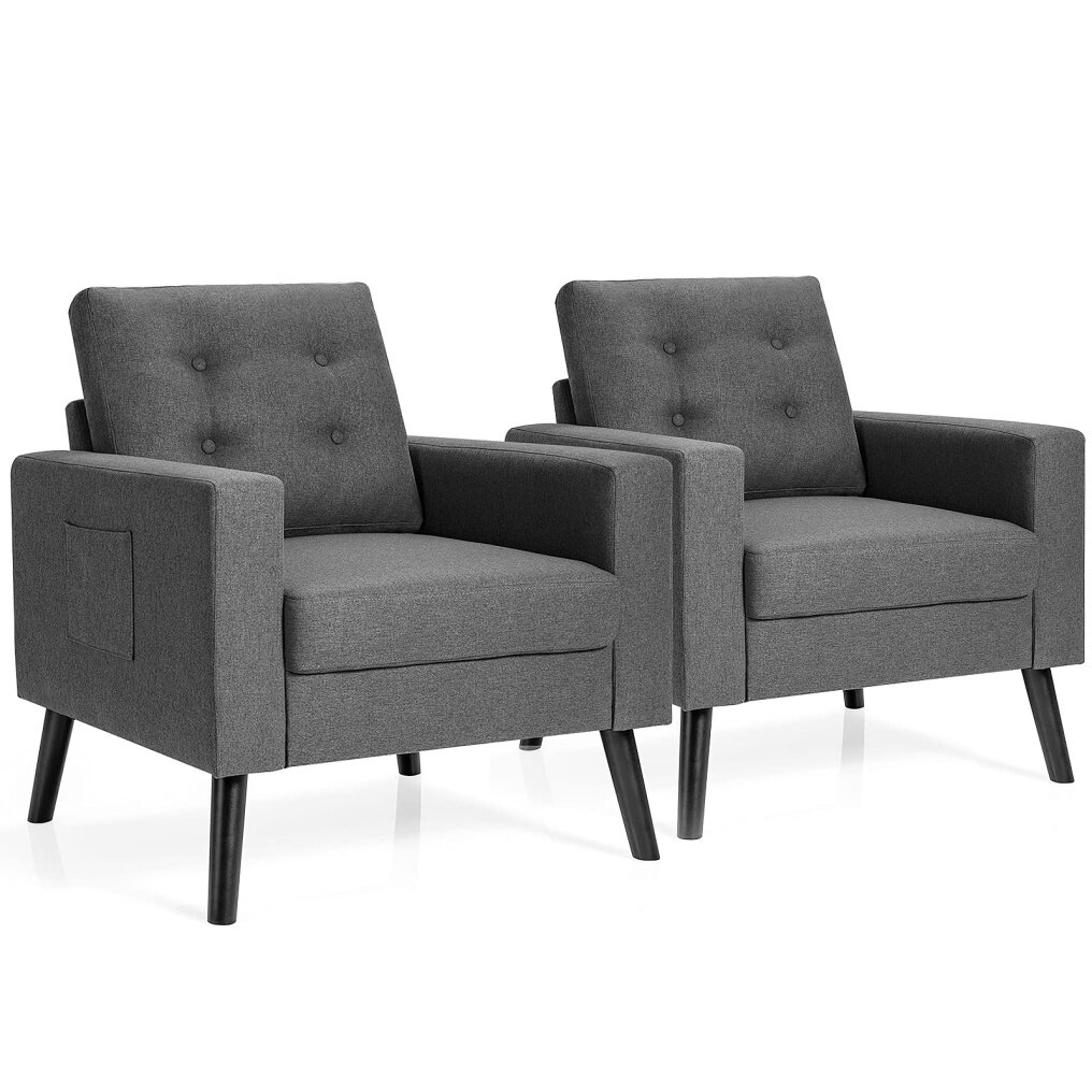Linen Fabric Armchairs with Side Pockets and Wood Legs | Modern Accent Chair