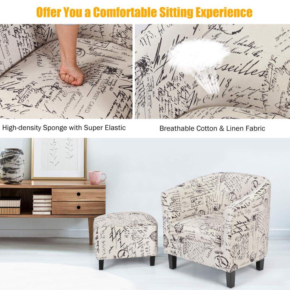 Upholstered Modern Living Room Barrel Accent Tub Chair with Ottoman Foot Rest