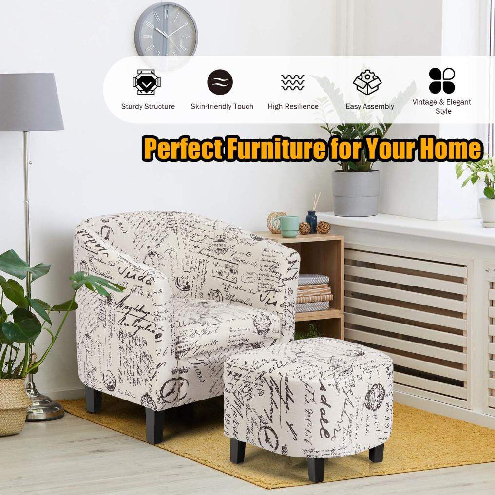 Upholstered Modern Living Room Barrel Accent Tub Chair with Ottoman Foot Rest