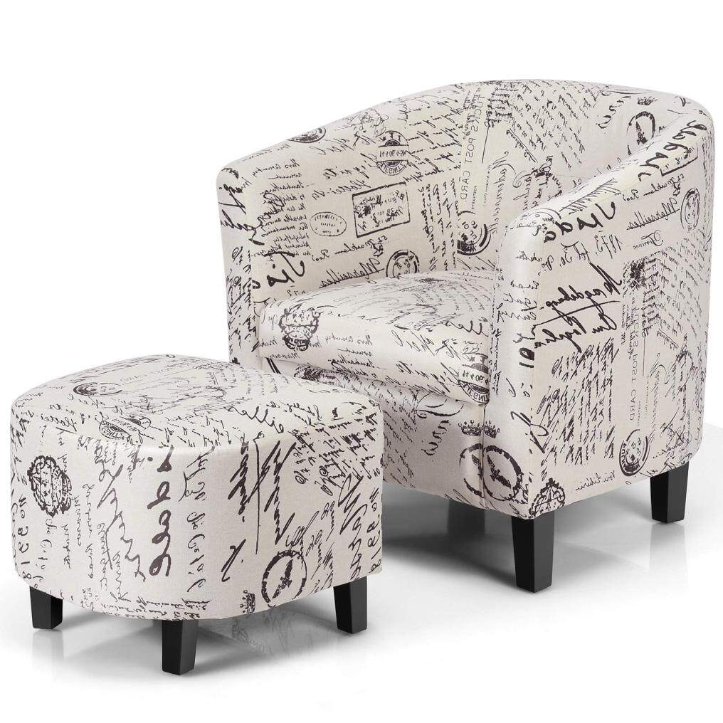 Upholstered Modern Living Room Barrel Accent Tub Chair with Ottoman Foot Rest