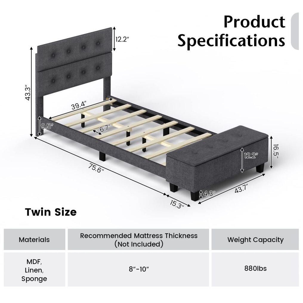 KOMFOTT Twin Upholstered Bed Frame with Ottoman Storage