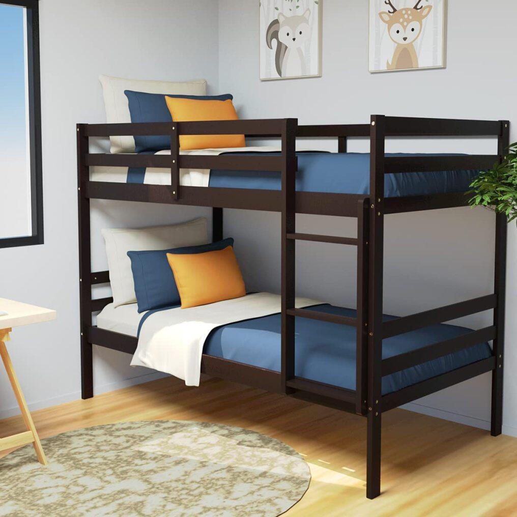 KOMFOTT Wooden Bunk Bed Twin Over Twin, Bunk Bed with Ladder & Safety Guardrail, Solid Wood Bed Frame