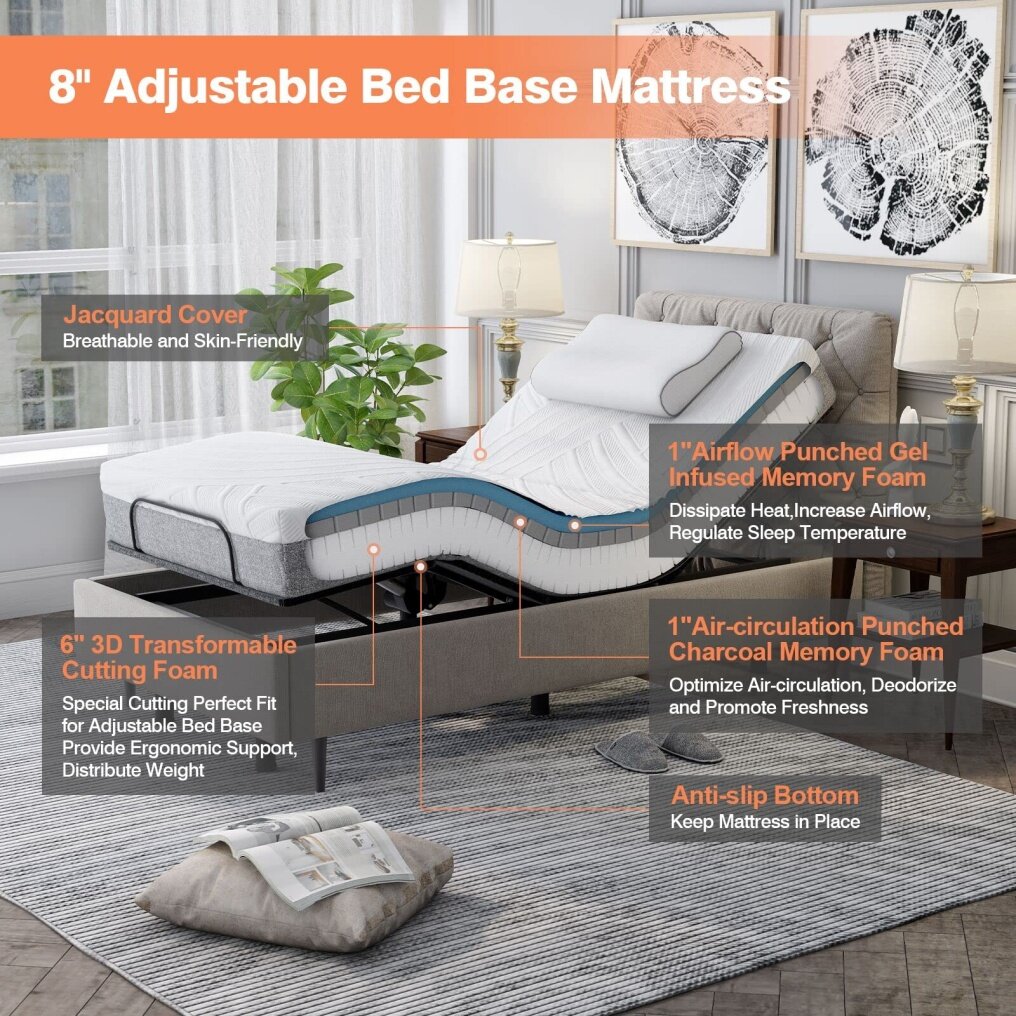 KOMFOTT Adjustable Bed with Transformable Cutting Mattress, Electric Adjustable Bed with Remote Control