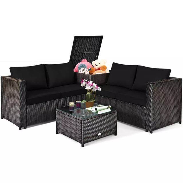 4 Piece Rattan Patio Conversation Furniture Set with Loveseat, Storage Box, Glass Top Coffee Table & Waterproof Cover for Garden, Poolside