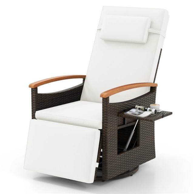 2PCS Outdoor 360° Swivel Rattan Recliner Chair, Patio Wicker Chaise Lounge Chair with Flip Side Table, Cushion, Adjustable Backrest & Footrest