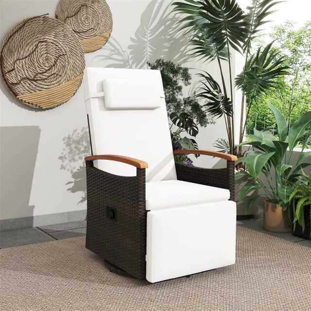 Outdoor 360° Swivel Rattan Recliner Chair with Adjustable Backrest & Footrest, Patio Wicker Chaise Lounge Chair with Flip Side Table & Cushion
