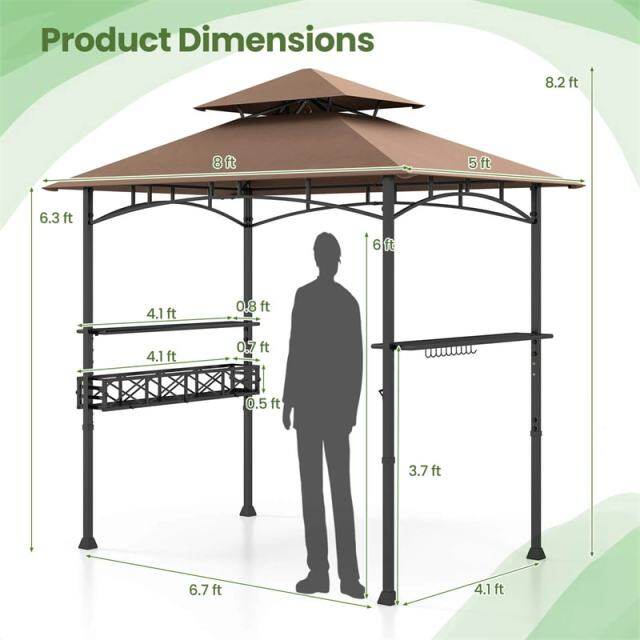 8x5 FT Grill Gazebo, 2-Tier Canopy Top Barbecue Gazebo with 2 Shelves, Storage, 20 Hanging Hooks & Metal Frame for Backyard, Poolside BBQs