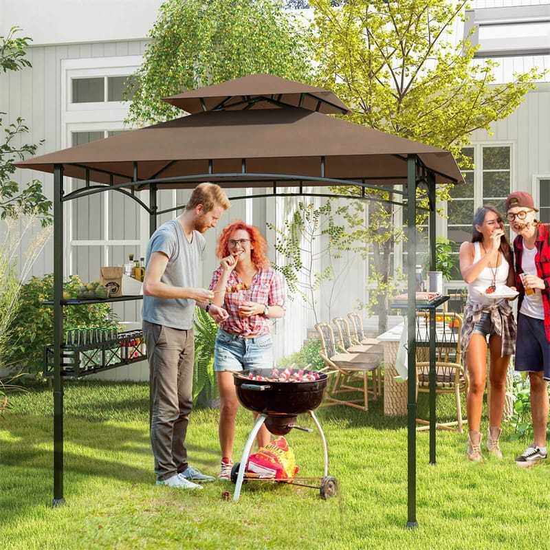 8x5 FT Grill Gazebo, 2-Tier Canopy Top Barbecue Gazebo with 2 Shelves, Storage, 20 Hanging Hooks & Metal Frame for Backyard, Poolside BBQs
