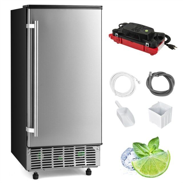 80LBS/24H Commercial Ice Maker, 15" Freestanding & Built-In Undercounter Ice Machine with Drain Pump, Self-Cleaning, LCD Display & 25LBS Bin