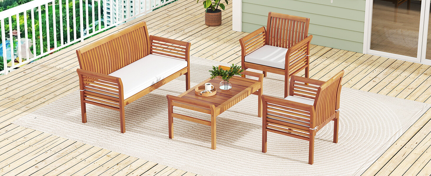 4 Pieces Outdoor Acacia Wood Sofa Furniture Set