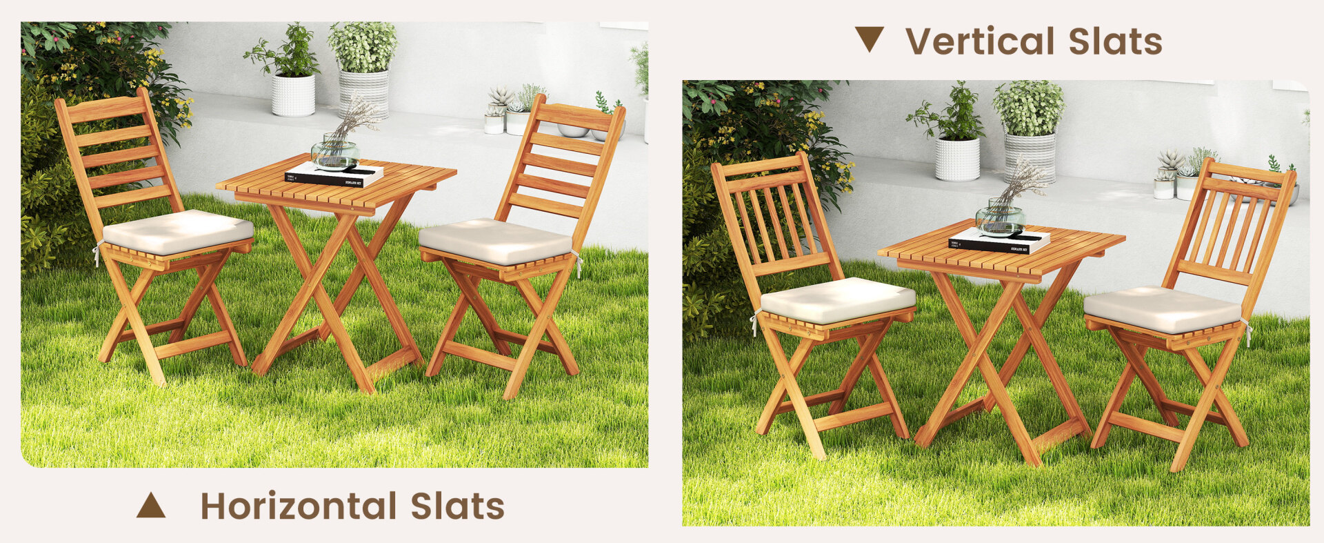 Folding chair table set with soft seat cushions, featuring premium acacia wood, ideal for backyard or balcony use.