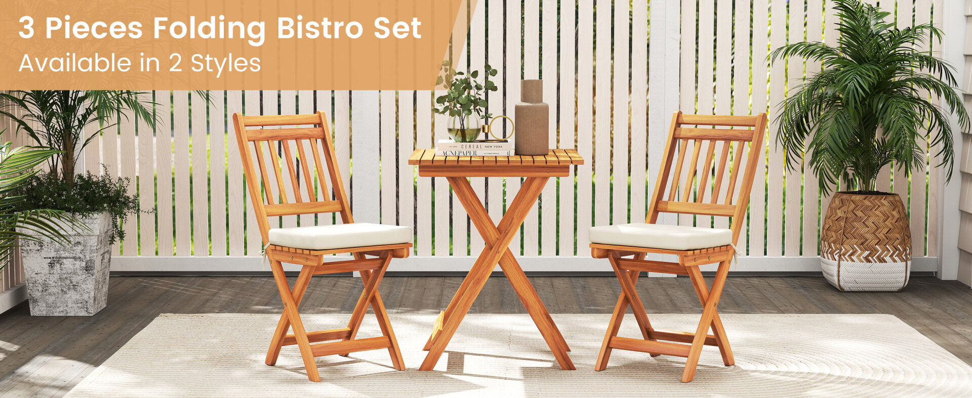 Folding bistro set featuring acacia wood frame, soft seat cushions, and slatted design, ideal for backyard or balcony.