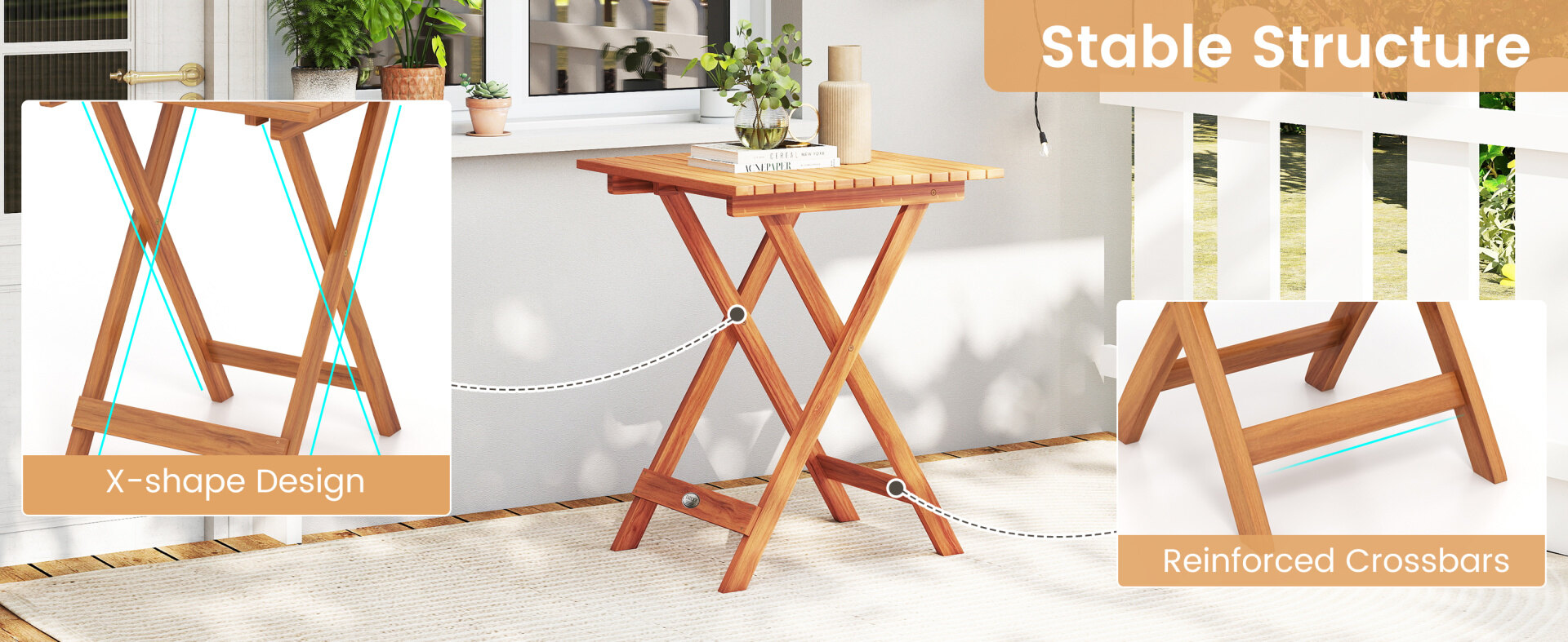 Folding table with X-shape design and reinforced crossbars, made of premium acacia wood for outdoor use.
