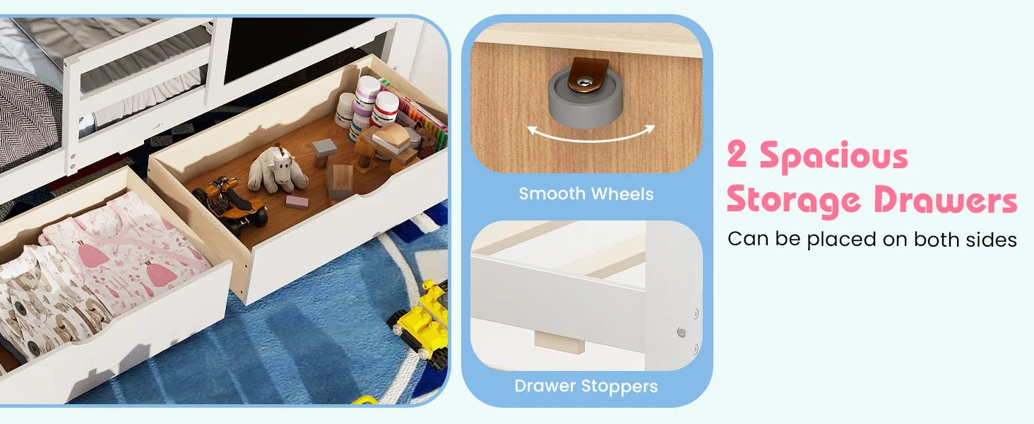 Twin/Full Size Bed Frame with 2 Drawers and Bookcase for Boys and Girls