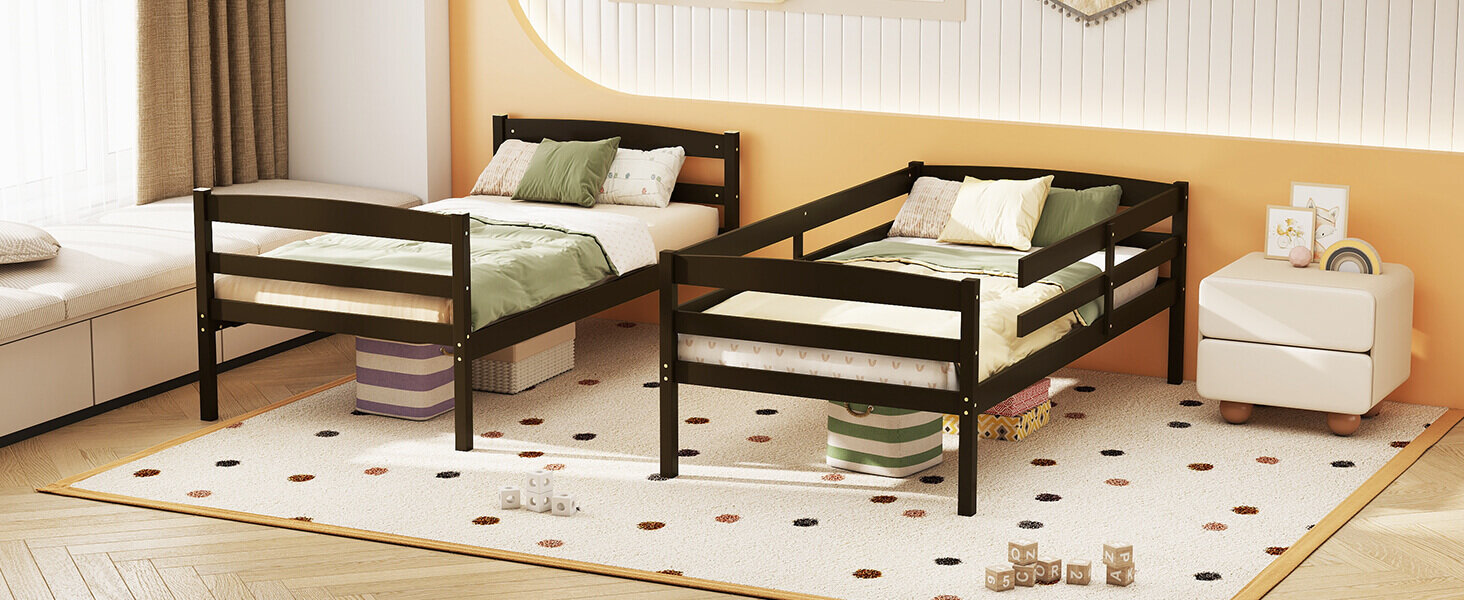 Solid Wood Twin Over Twin Bunk Bed Frame with High Guardrails and Integrated Ladder