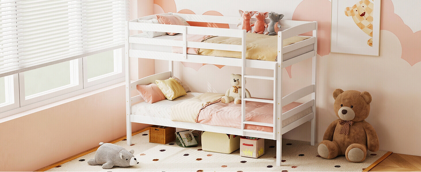 Solid Wood Twin Over Twin Bunk Bed Frame with High Guardrails and Integrated Ladder