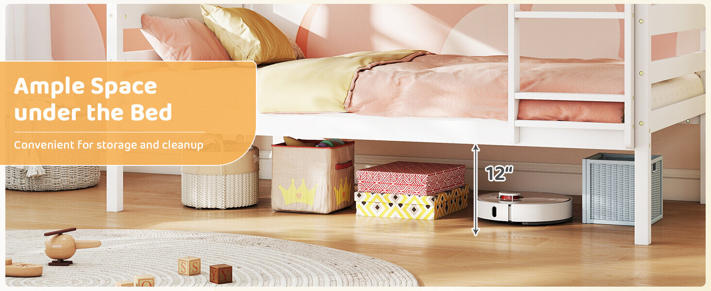 Solid Wood Twin Over Twin Bunk Bed Frame with High Guardrails and Integrated Ladder