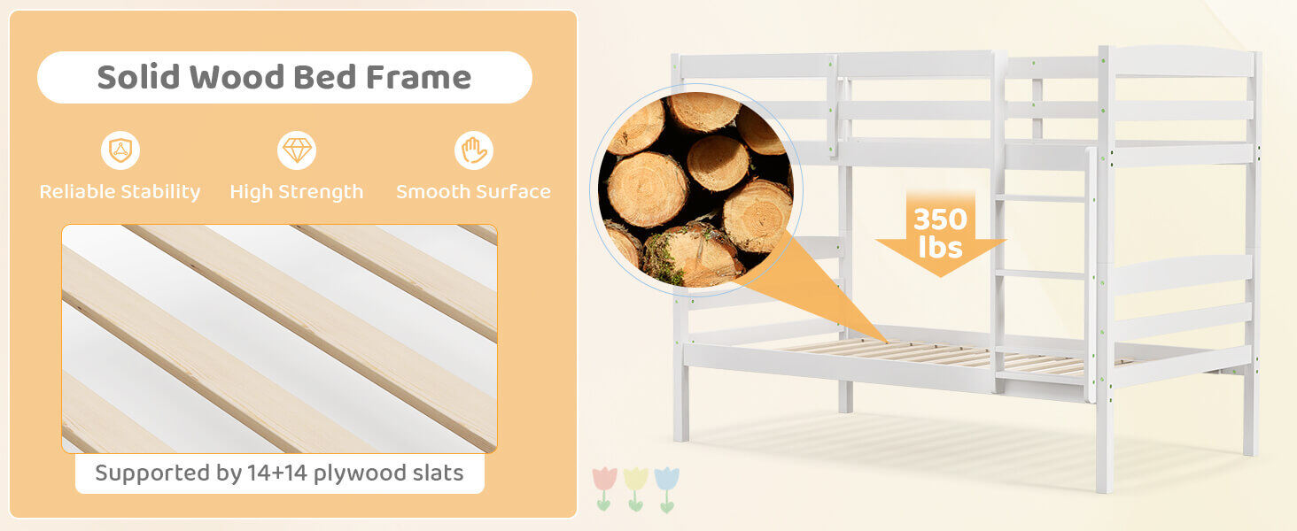 Solid Wood Twin Over Twin Bunk Bed Frame with High Guardrails and Integrated Ladder