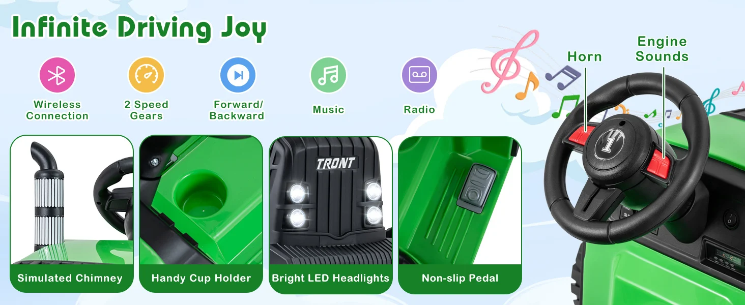 24V Ride On Tractor for Kids with detachable trailer, bright LED headlights, and parent remote control for safe outdoor.