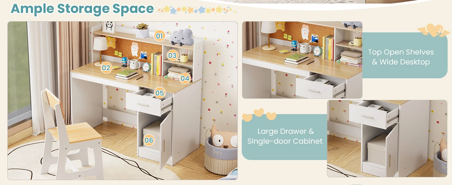 Kids study desk featuring a wide desktop, shelves, drawer, and cabinet for organized study and creative activities.