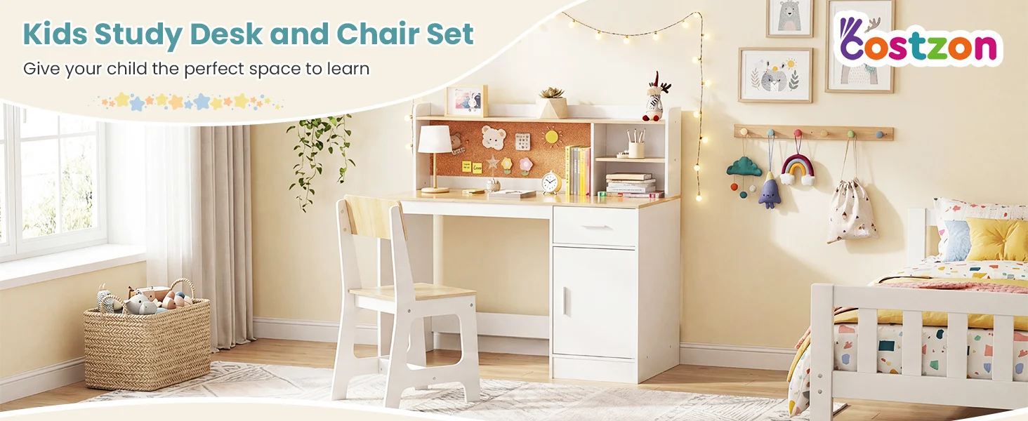 Kids study desk and chair set with shelves, drawer, and cork board, perfect for studying and drawing in a child's.